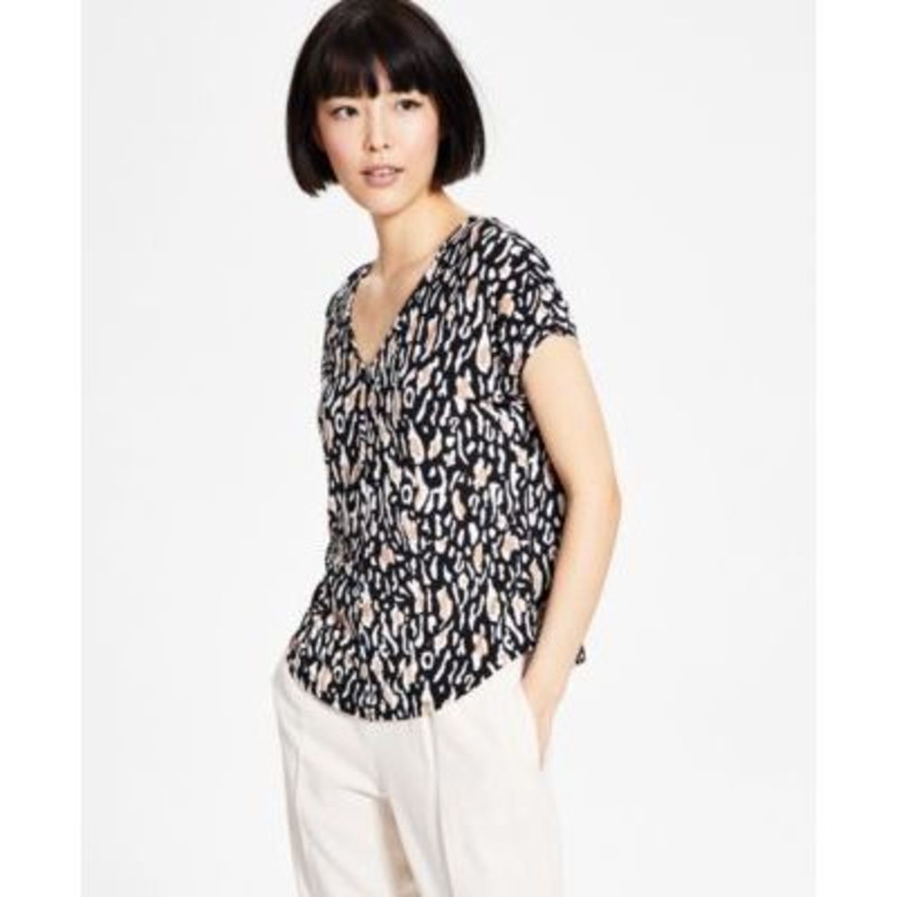 MSRP $59 Bar III Womens Animal-Print V-Neck T-Shirt Black Size XXS